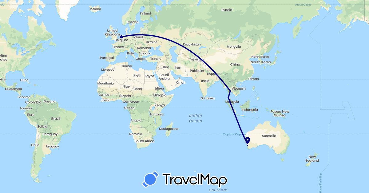 TravelMap itinerary: driving in Australia, Netherlands, Thailand (Asia, Europe, Oceania)